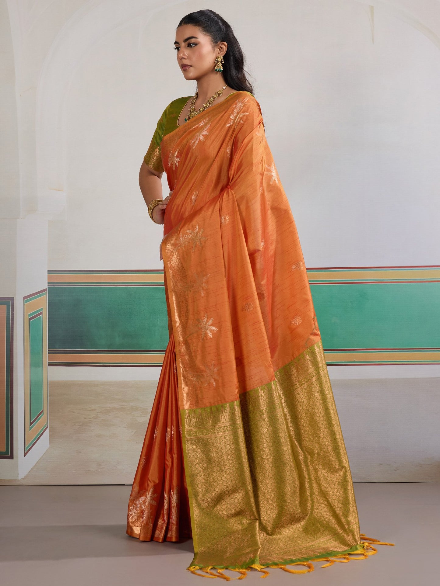 Orange Banarasi Tussar Silk Woven Saree