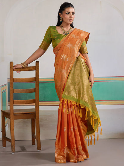 Orange Banarasi Tussar Silk Woven Saree