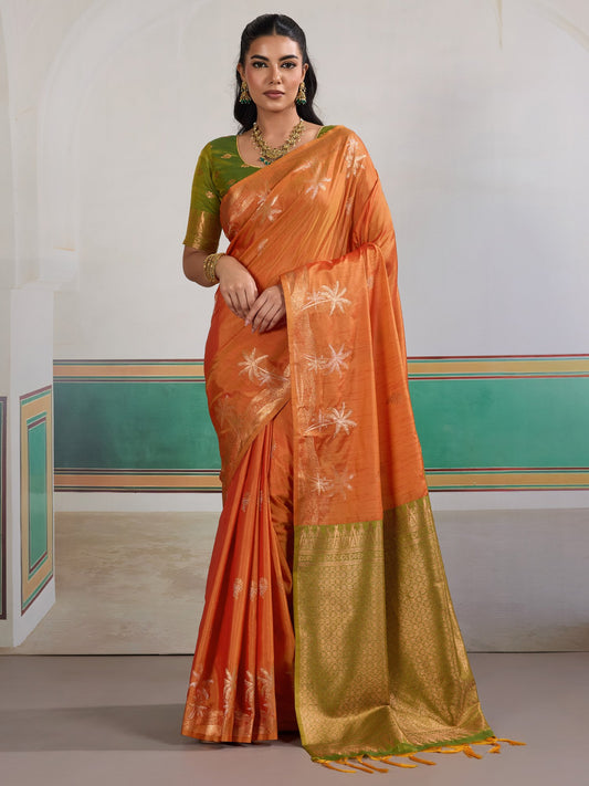 Orange Orange Banarasi Tussar Silk Woven Saree