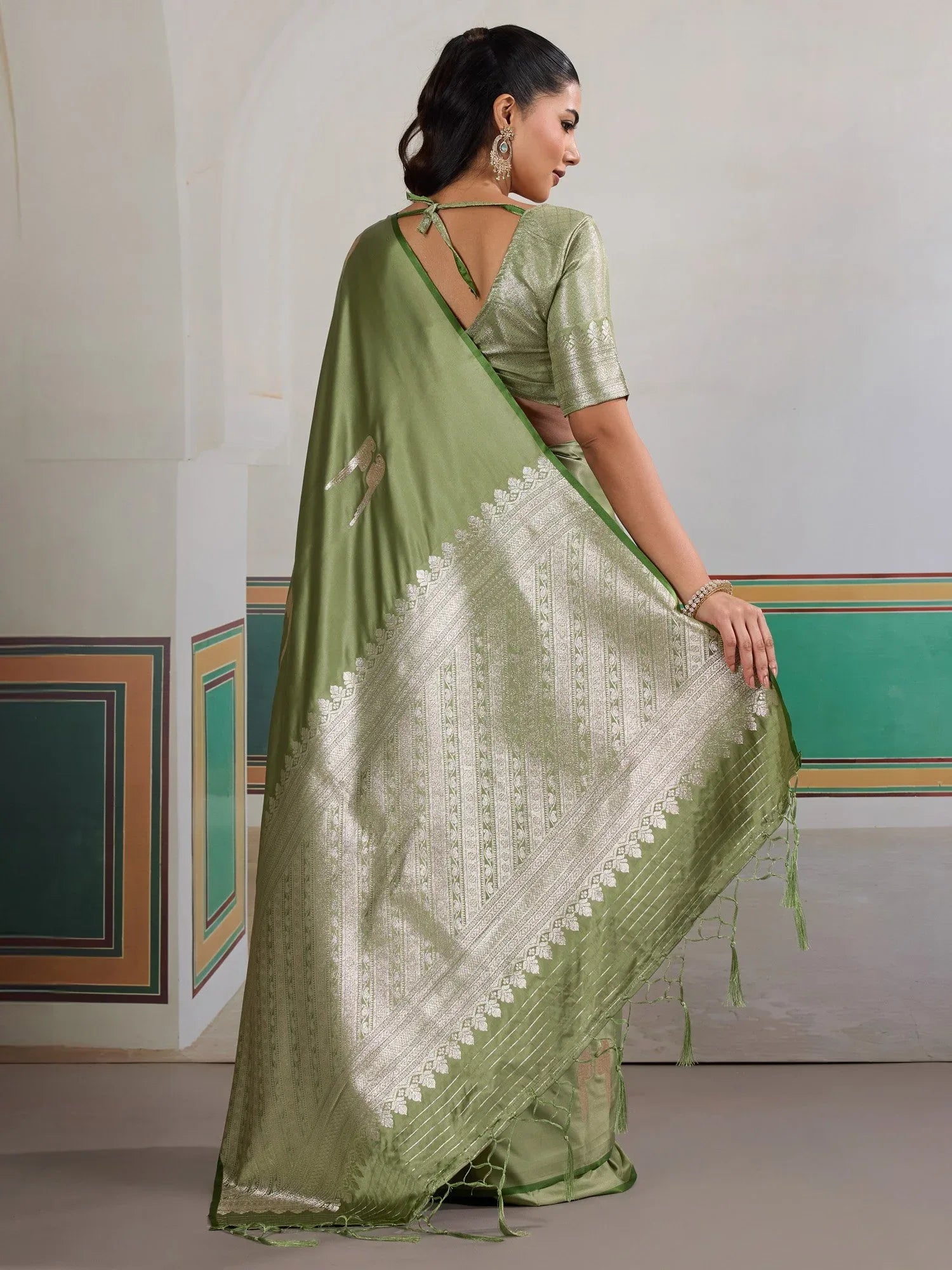 Green Banarasi Satin Woven Saree - The Dori Store
