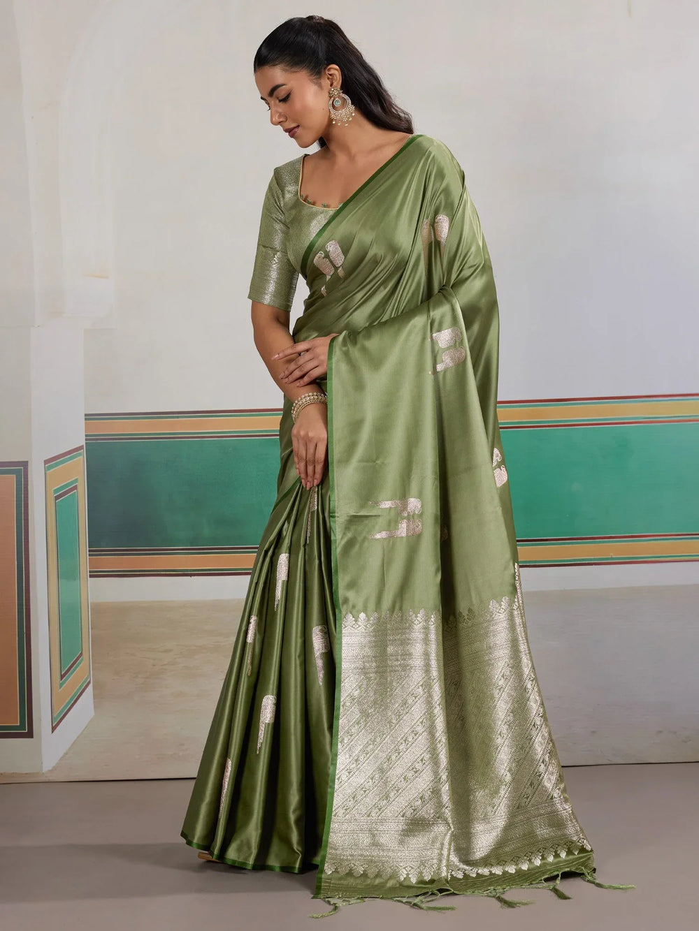 Green Banarasi Satin Woven Saree - The Dori Store
