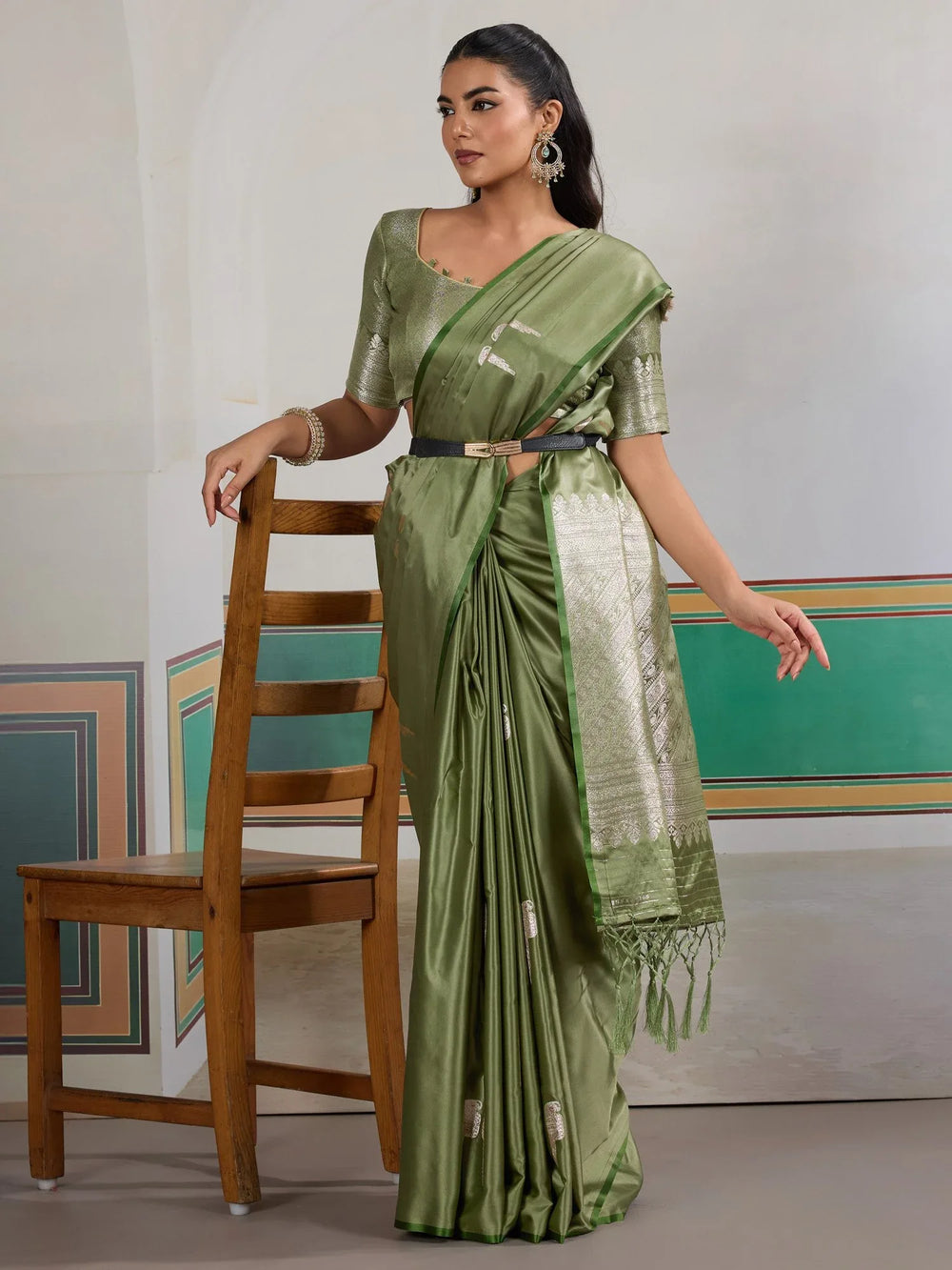 Green Banarasi Satin Woven Saree - The Dori Store