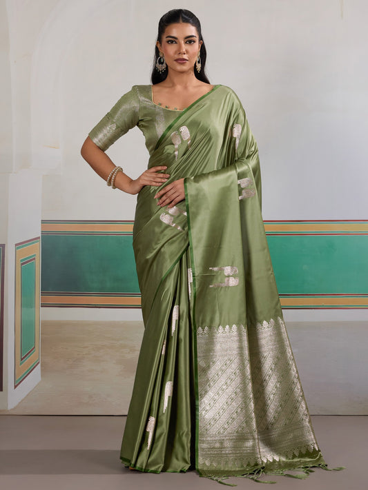 Green Green Banarasi Satin Woven Saree