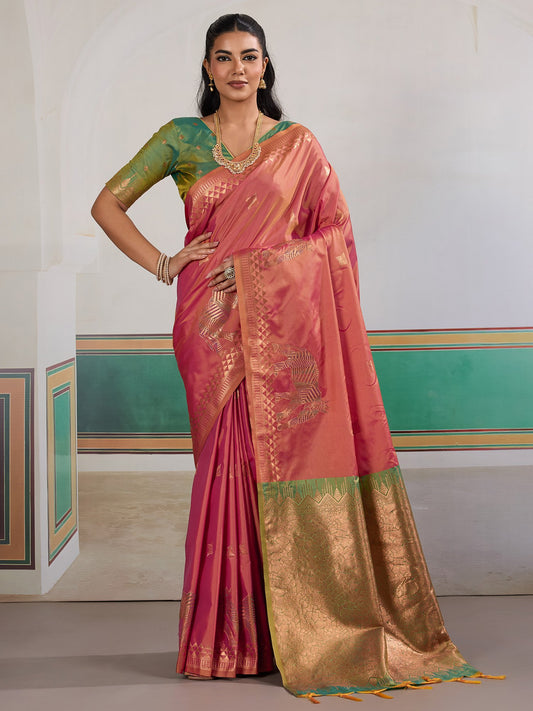 Pink Pink Banarasi Silk Woven Saree