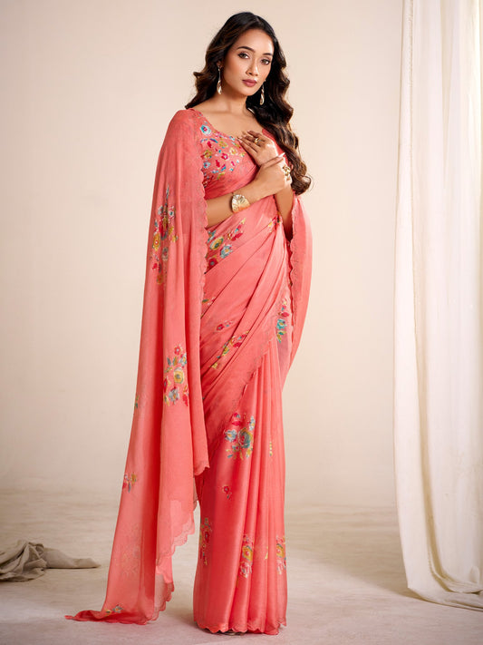 Pink Peach Party Wear Chiffon Printed Saree