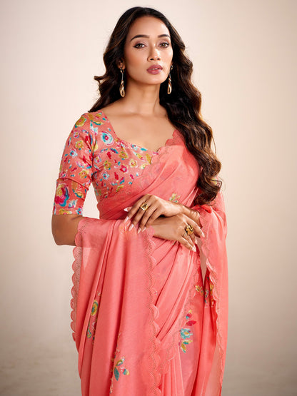 Peach Party Wear Chiffon Printed Saree