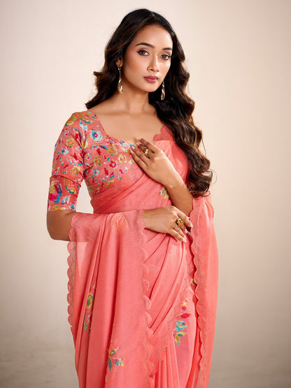 Peach Party Wear Chiffon Printed Saree
