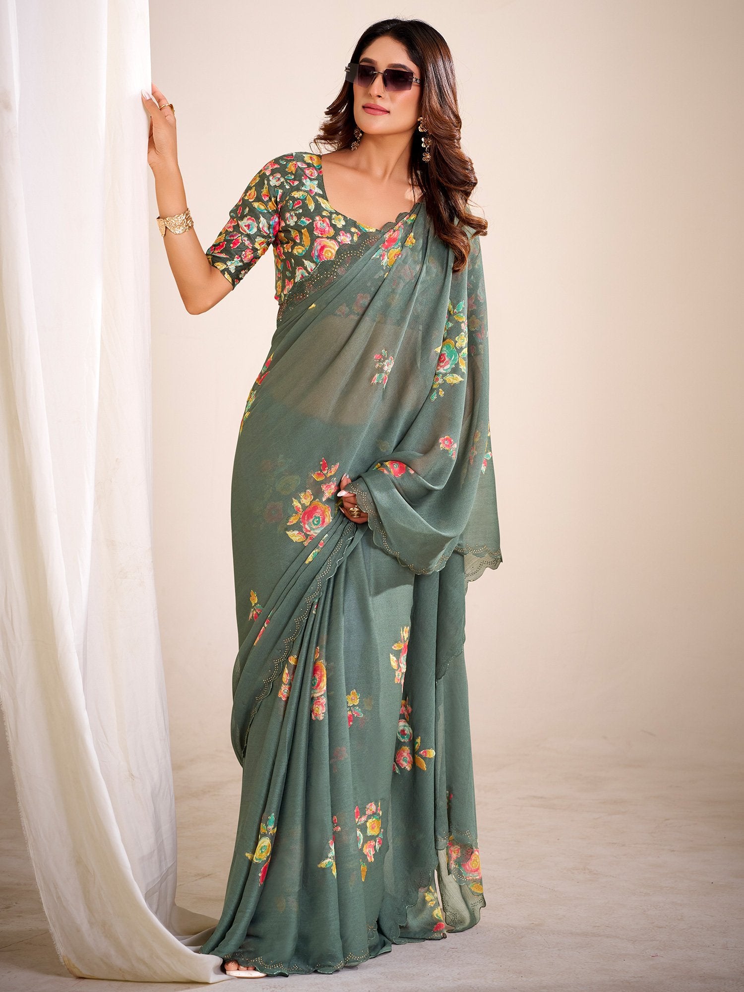 Green Green Party Wear Chiffon Printed Saree