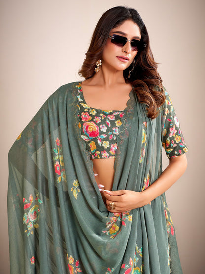 Green Party Wear Chiffon Printed Saree
