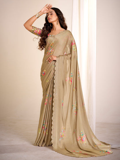 Beige Party Wear Chiffon Printed Saree