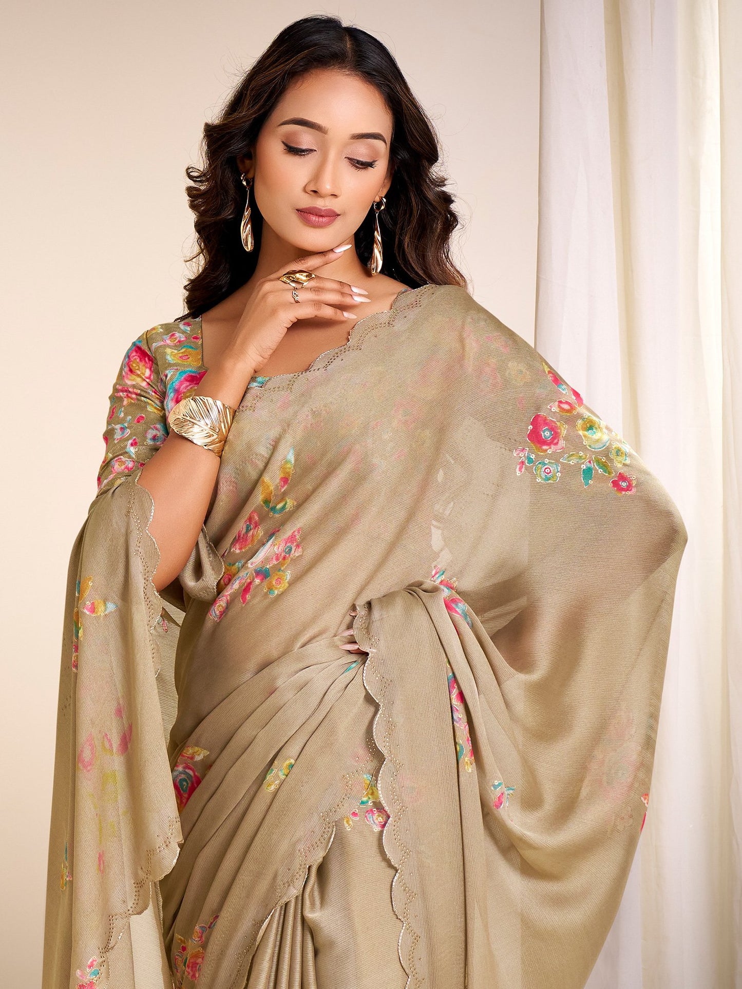 Beige Party Wear Chiffon Printed Saree