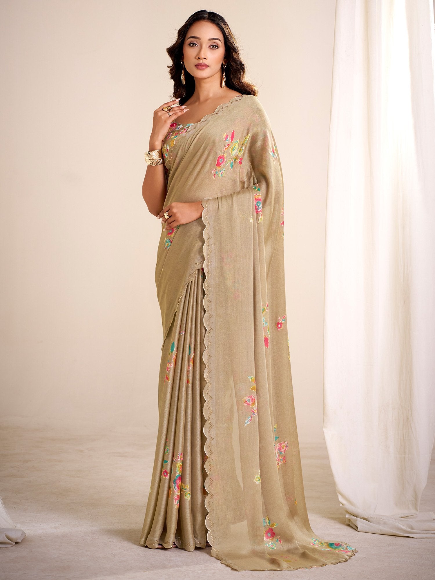 Grey Beige Party Wear Chiffon Printed Saree