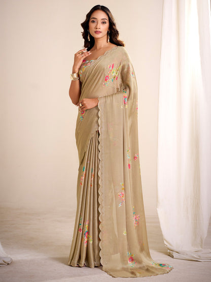 Grey Beige Party Wear Chiffon Printed Saree