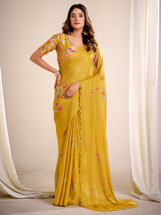 Yellow Mustard Party Wear Chiffon Printed Saree