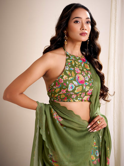 Green Party Wear Chiffon Printed Saree