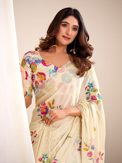 Off Party Wear Chiffon Printed Saree