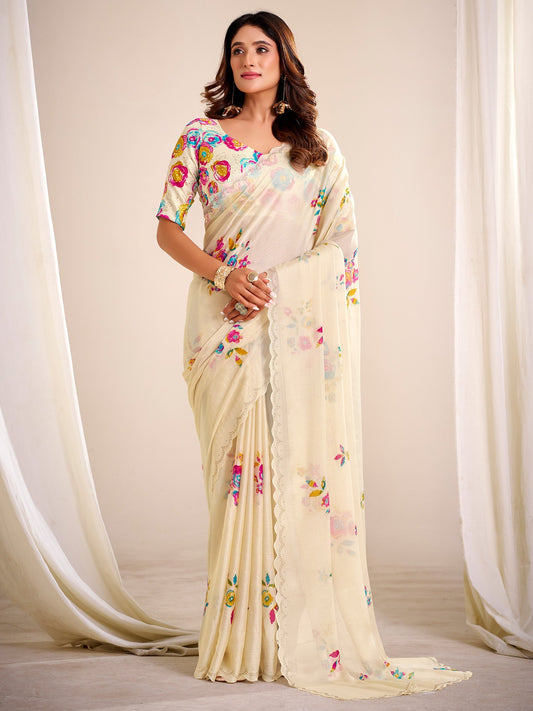 White Off Party Wear Chiffon Printed Saree