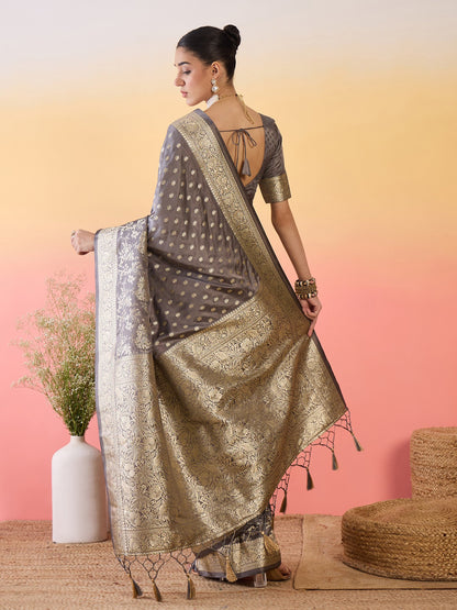Grey Banarasi Satin Silk Woven Saree