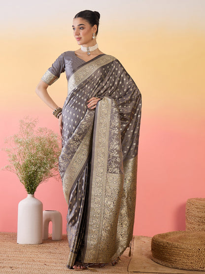 Grey Grey Banarasi Satin Silk Woven Saree