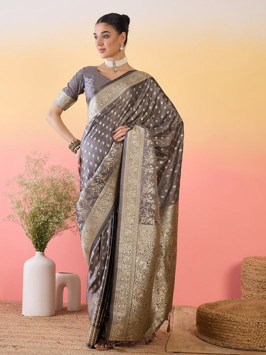 Grey Grey Banarasi Satin Silk Woven Saree