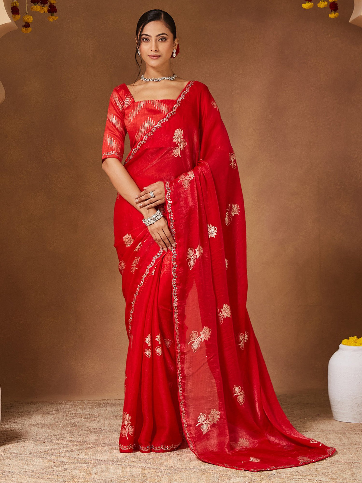 Red Red Party Wear Georgette Embellished Saree