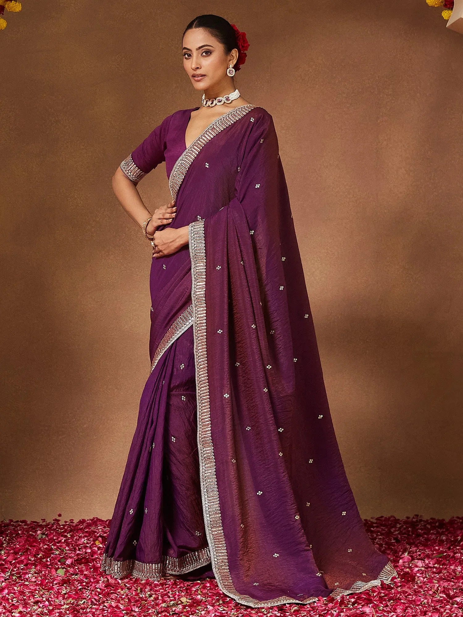 Purple Party Wear Vichitra Silk Embellished Saree - The Dori Store