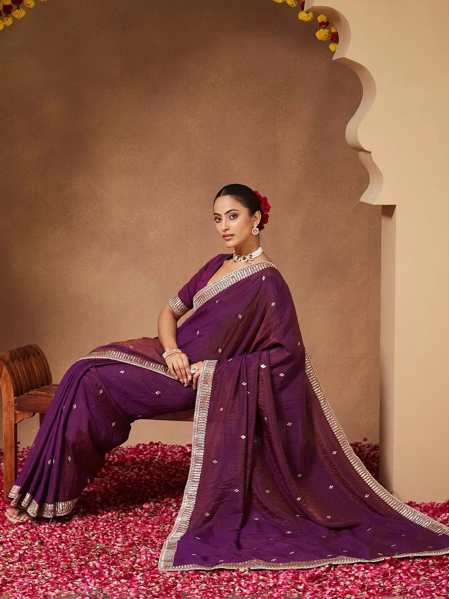 Purple Party Wear Vichitra Silk Embellished Saree - The Dori Store