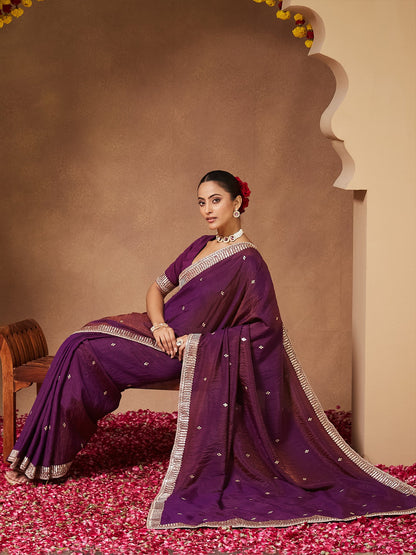 Purple Party Wear Vichitra Silk Embellished Saree