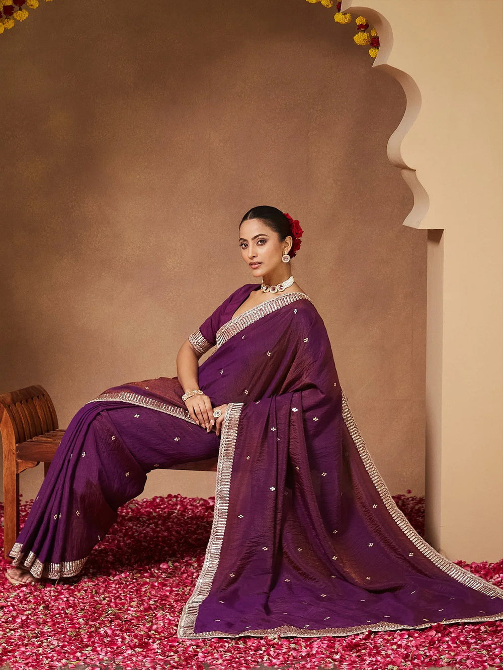 Purple Party Wear Vichitra Silk Embellished Saree - The Dori Store