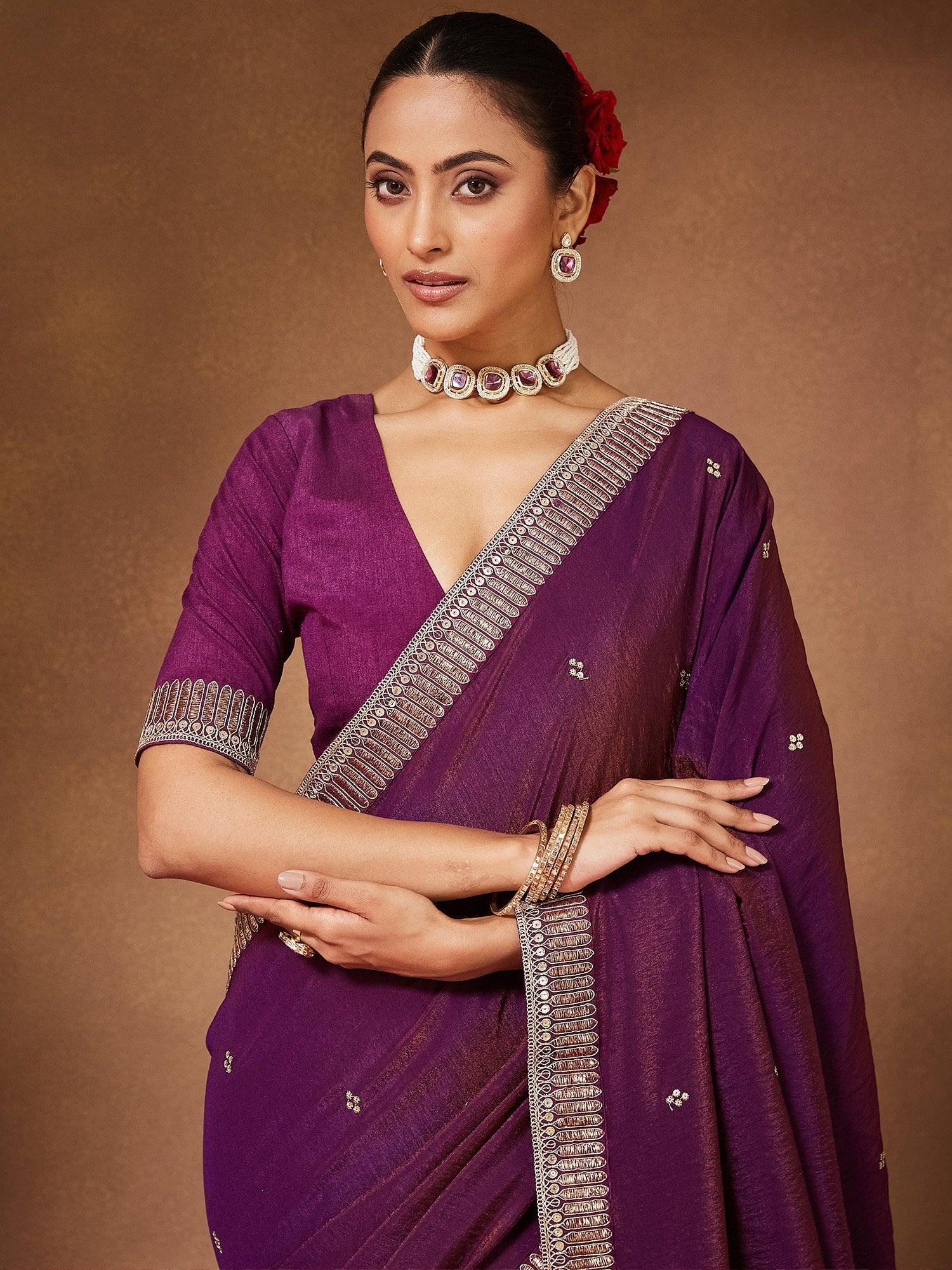 Purple Party Wear Vichitra Silk Embellished Saree - The Dori Store