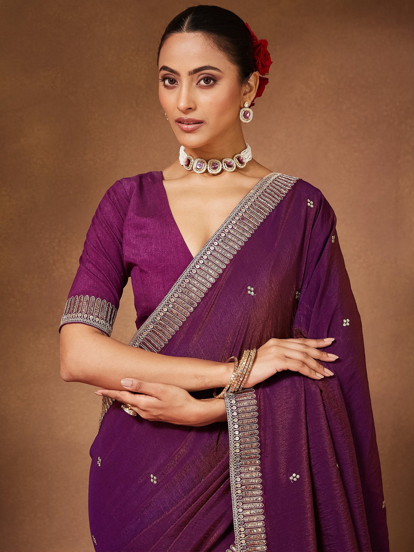 Purple Party Wear Vichitra Silk Embellished Saree
