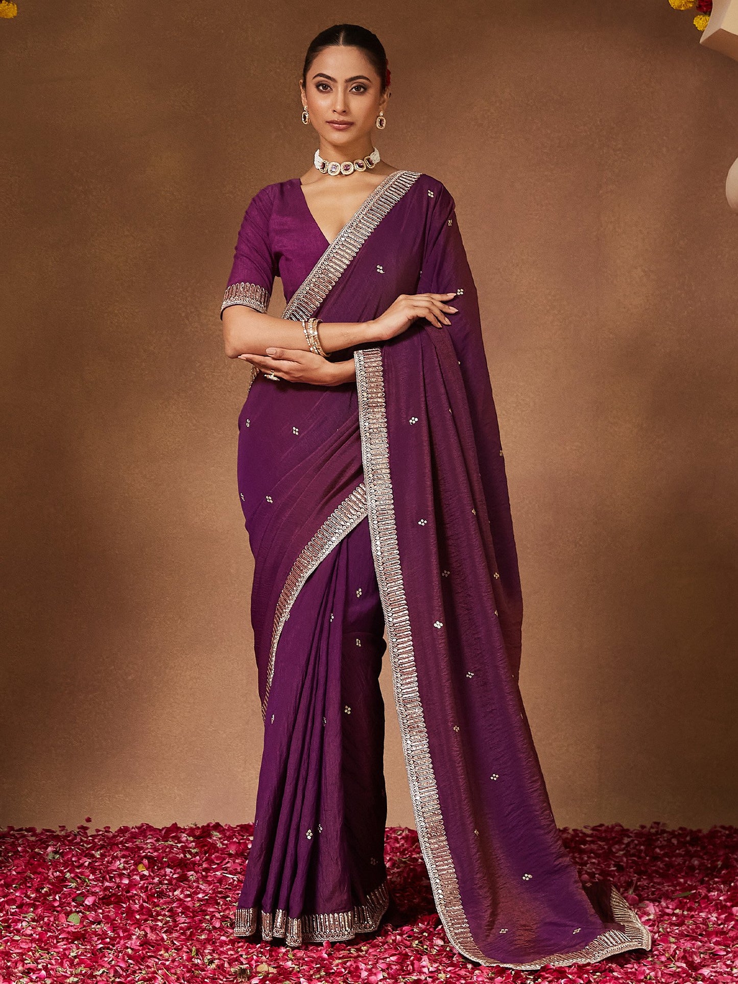 Purple Purple Party Wear Vichitra Silk Embellished Saree