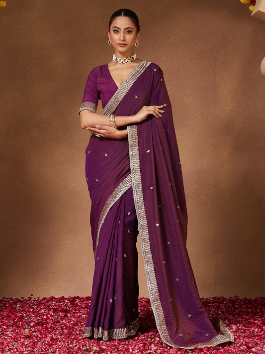 Purple Purple Party Wear Vichitra Silk Embellished Saree