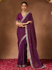 Purple Party Wear Vichitra Silk Embellished Saree - The Dori Store