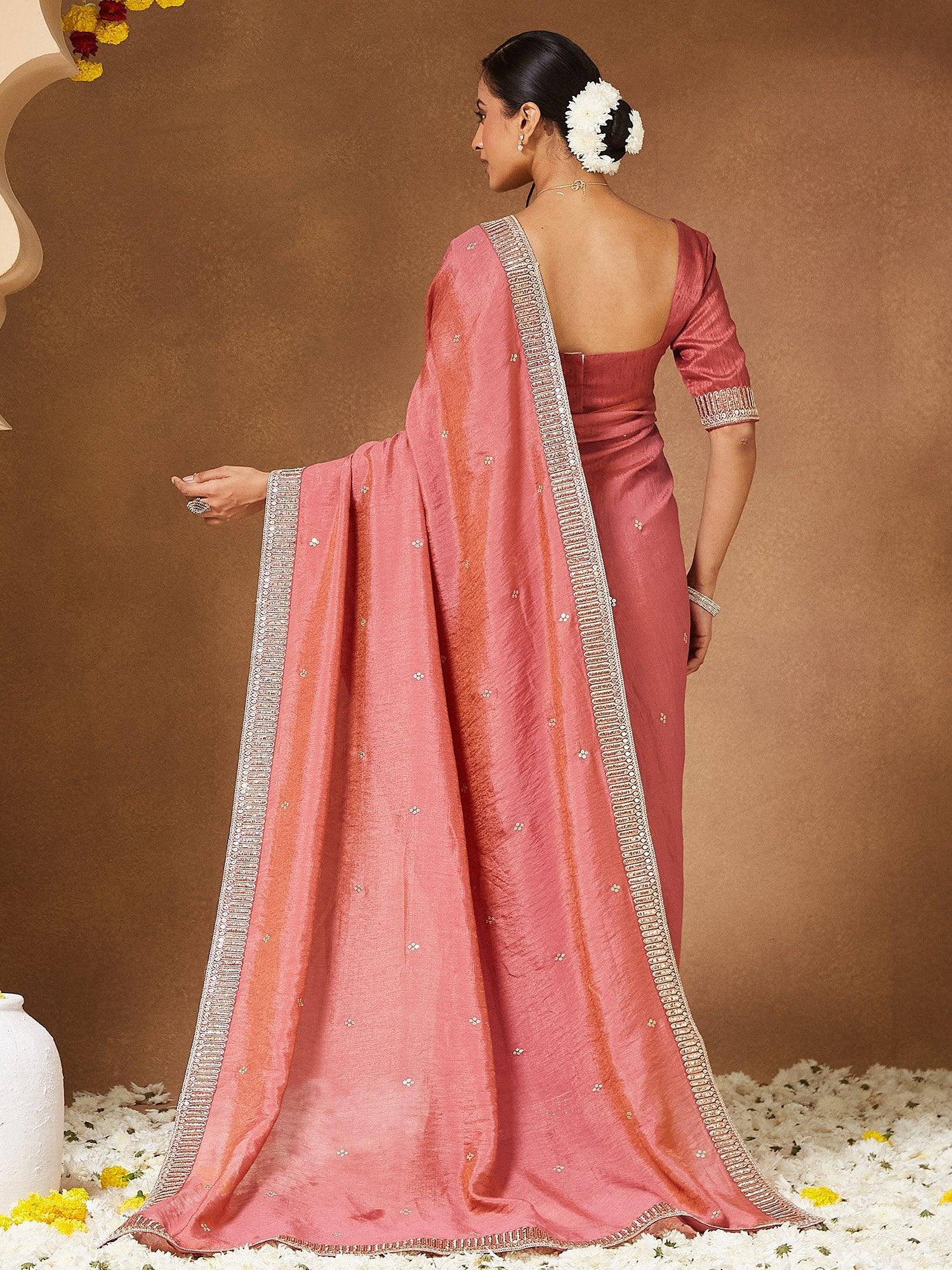 Peach Party Wear Vichitra Silk Embellished Saree - The Dori Store