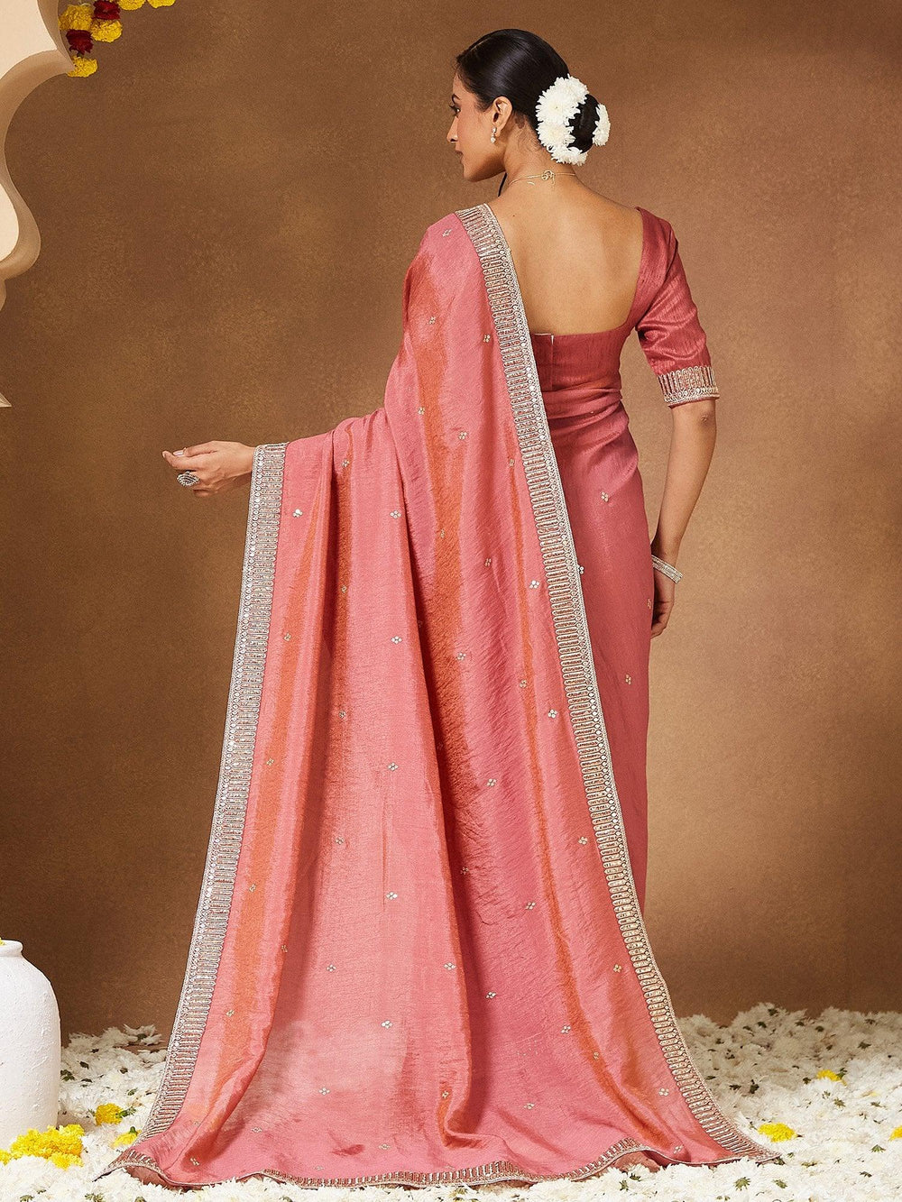 Peach Party Wear Vichitra Silk Embellished Saree - The Dori Store