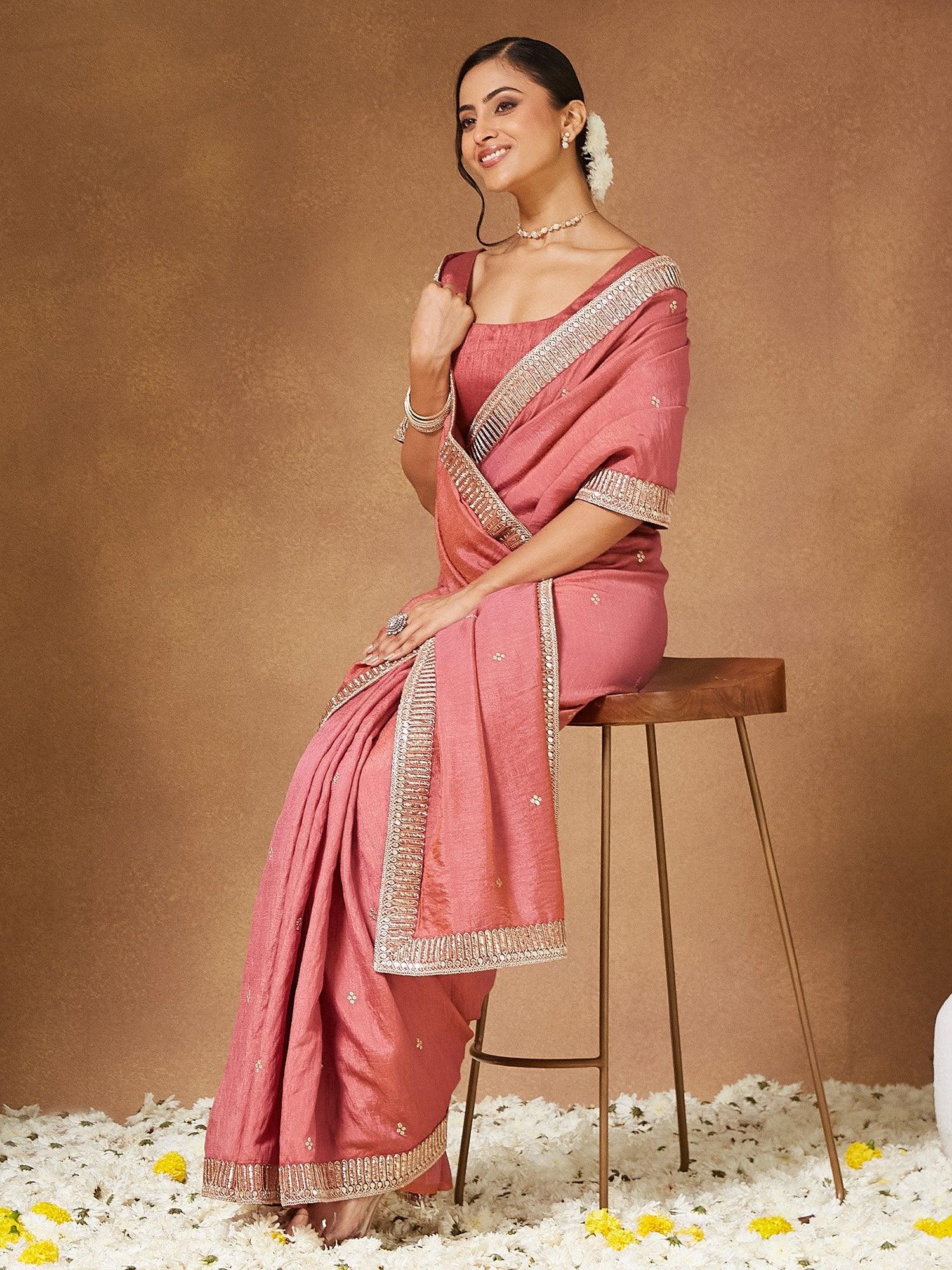 Peach Party Wear Vichitra Silk Embellished Saree - The Dori Store