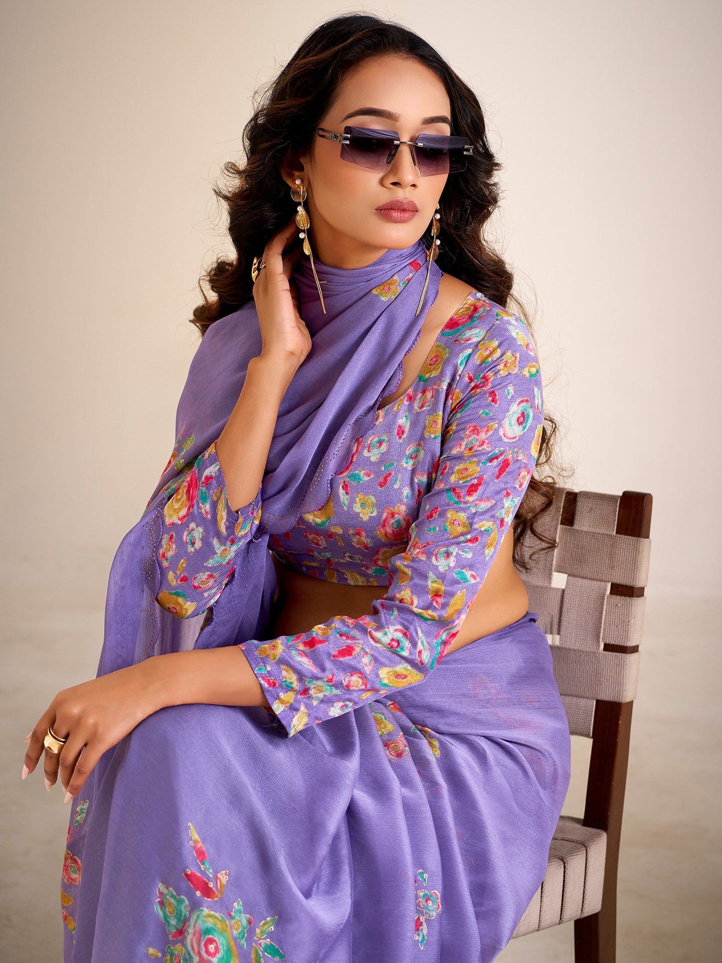 Lavendar Party Wear Chiffon Printed Saree