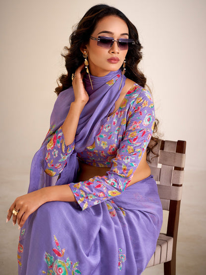 Lavendar Party Wear Chiffon Printed Saree