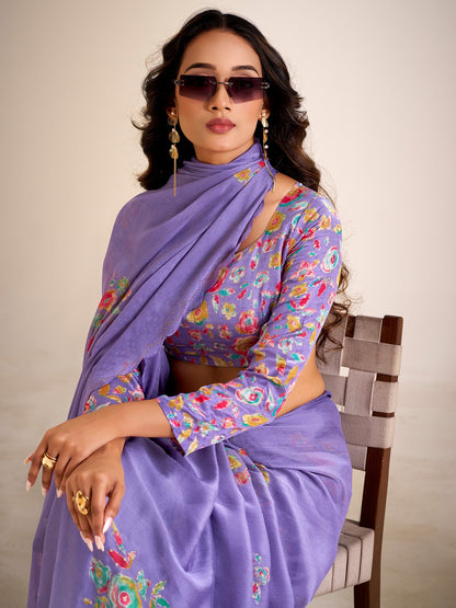 Lavendar Party Wear Chiffon Printed Saree
