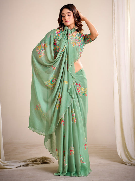 Green Sea Party Wear Chiffon Printed Saree
