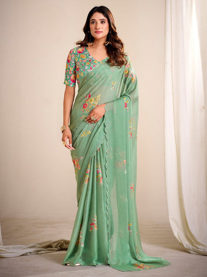Sea Party Wear Chiffon Printed Saree