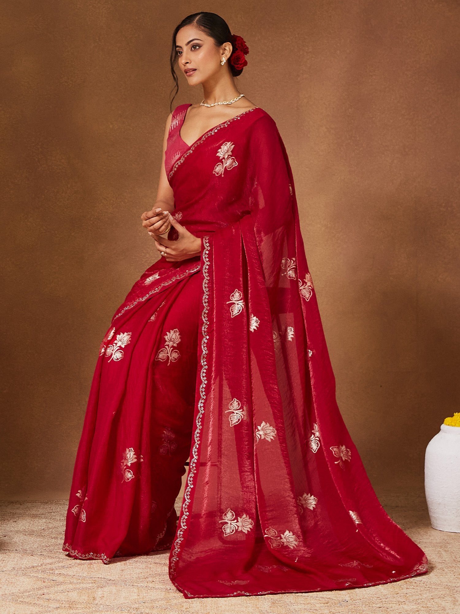 Red Party Wear Georgette Embellished Saree