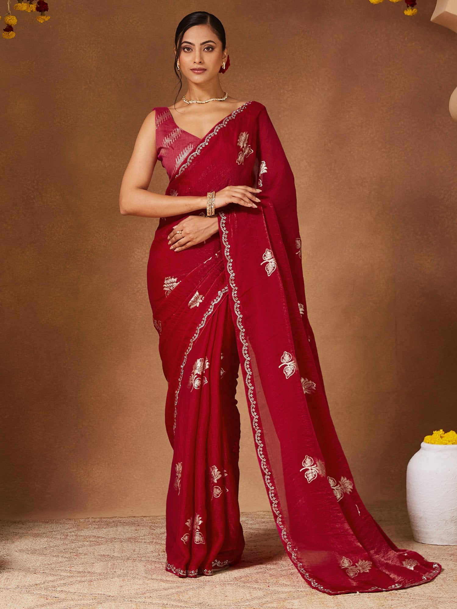 Red Red Party Wear Georgette Embellished Saree