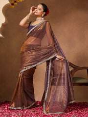 Purple Party Wear Net Embellished Saree