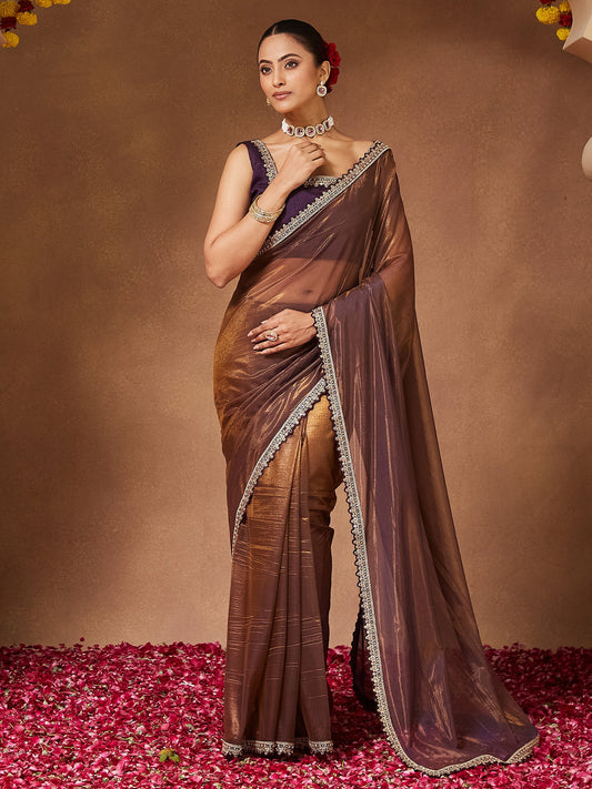 Purple Purple Party Wear Net Embellished Saree