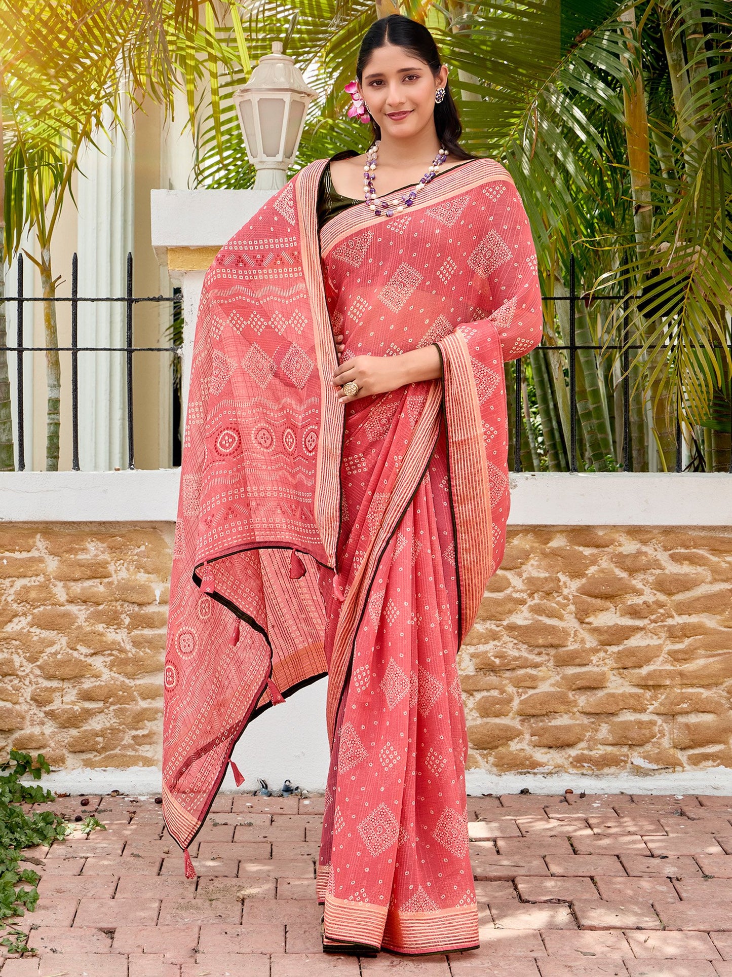 Pink Pink Bandhani Chiffon Printed Saree