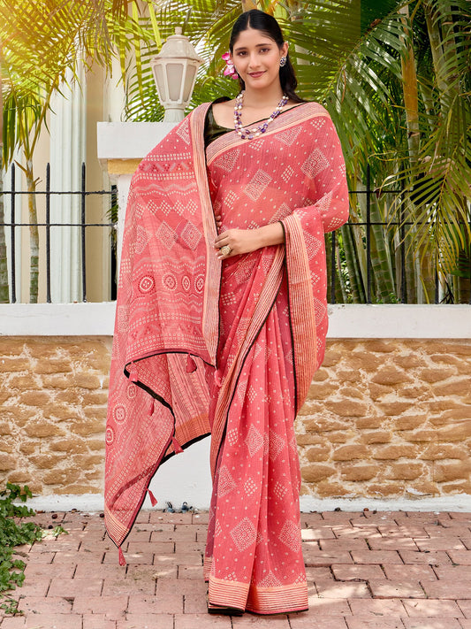 Pink Pink Bandhani Chiffon Printed Saree