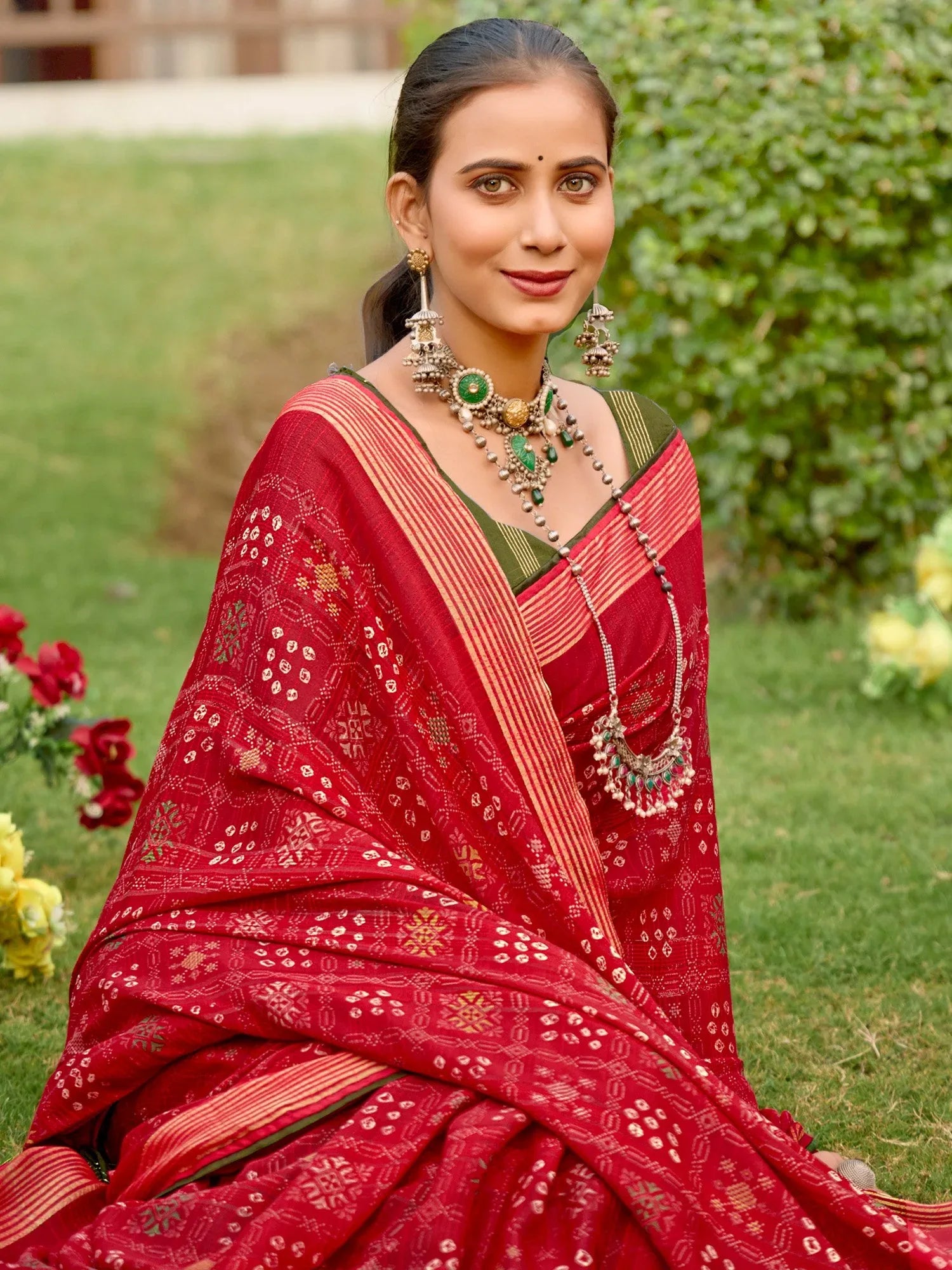 Red Bandhani Chiffon Printed Saree