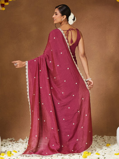 Pink Party Wear Vichitra Silk Embellished Saree
